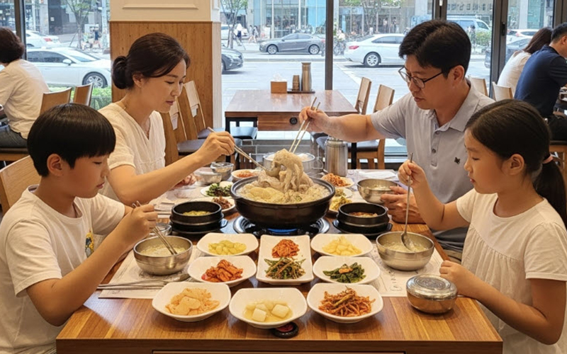 여름철 옻닭을 먹고 있는 가족