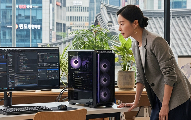 CPU GPU 컴퓨터를 보고 있는 여성